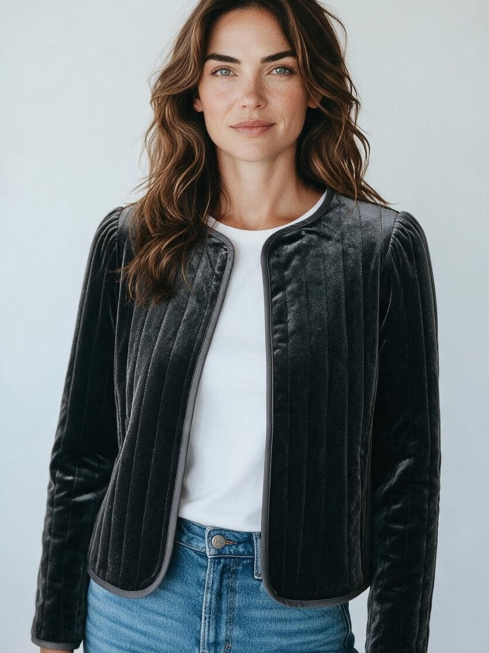 Sanctuary Quilted Velvet Open-Front Jacket - Charcoal